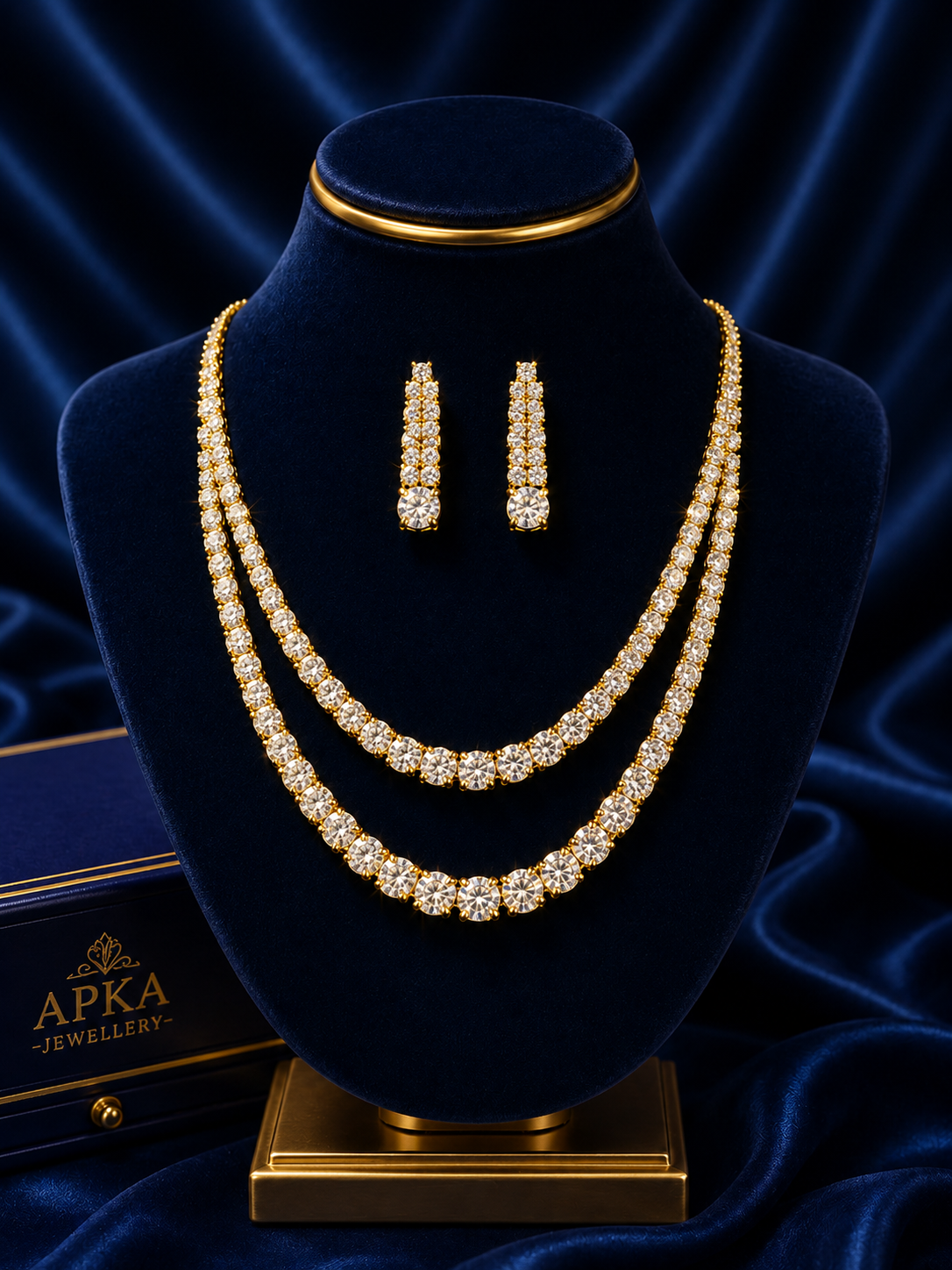 Double-Layer Gold-Plated American Diamond  Big Solitaire Tennis Necklace Set
