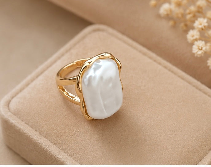 Giant Sculptural Baroque Pearl Molten Gold Statement Ring