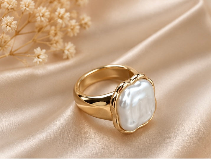 Giant Sculptural Baroque Pearl Molten Gold Statement Ring