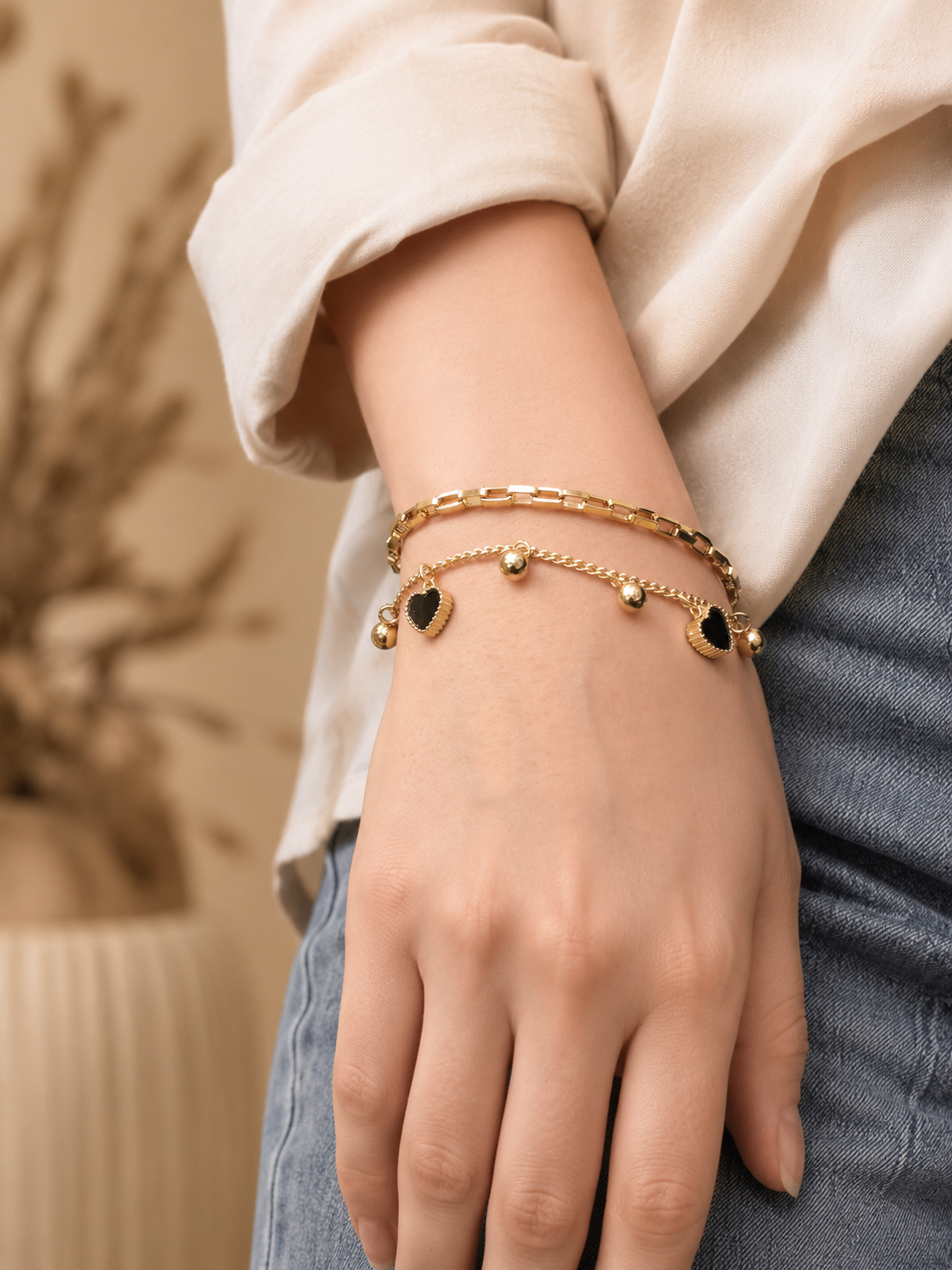 Reversable Heart Charms Gold Plated Layered Chain Bracelet