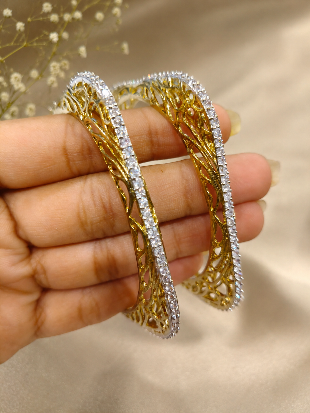Exquisite pair of AD gold-plated square bangles
