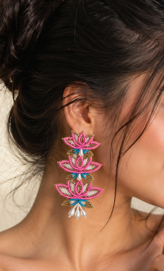 Handmade Three-Tier Beaded Lotus Statement Earrings