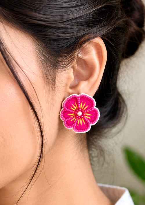 Handcrafted floral embroidered stud earrings