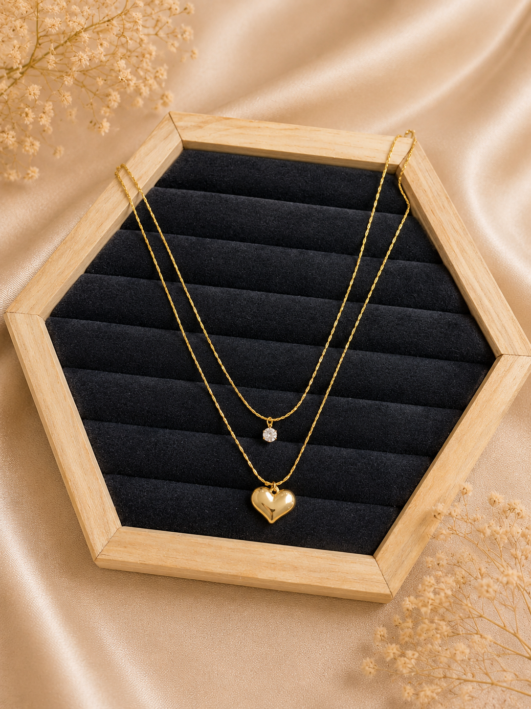 Dainty Layered Crystal & Puffed Heart Charm Necklace