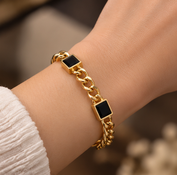 Black square stone cuban link bracelet