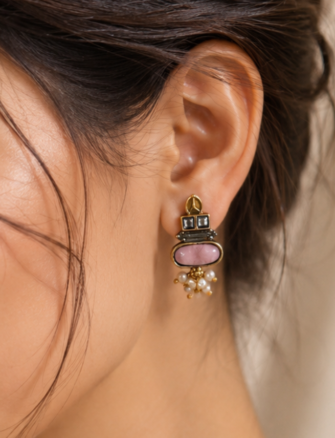 Vintage Oxidized Silver and Teal Cat-Eye Stud Earrings