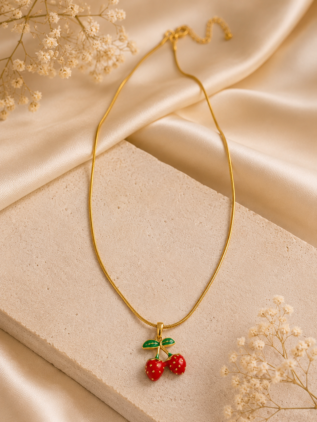 Vibrant Enameled Cherry Pendant Necklace
