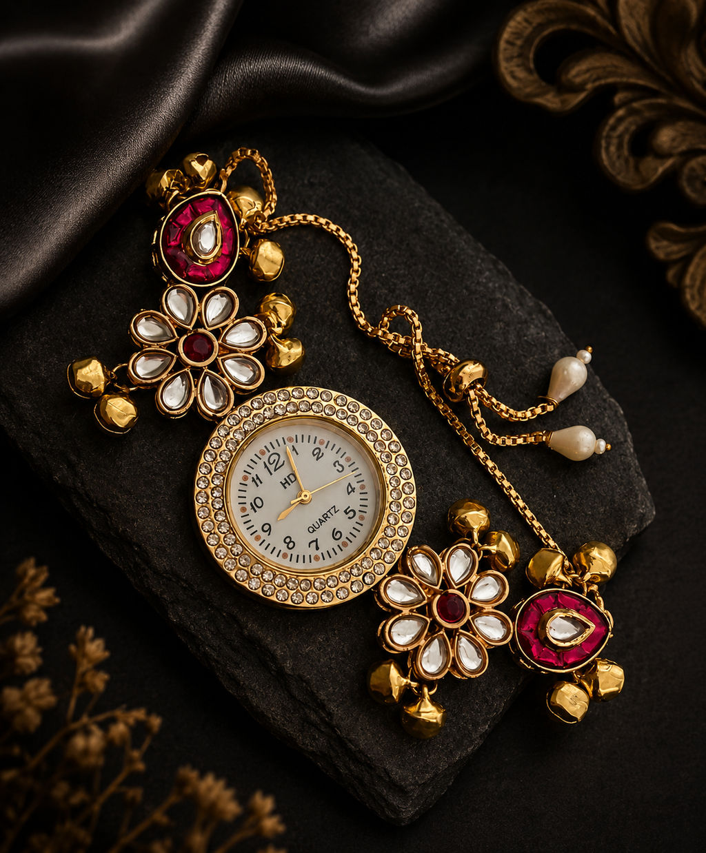 Kashmiri Traditional Royal Kundan & Ruby Meenakari Bracelet Watch