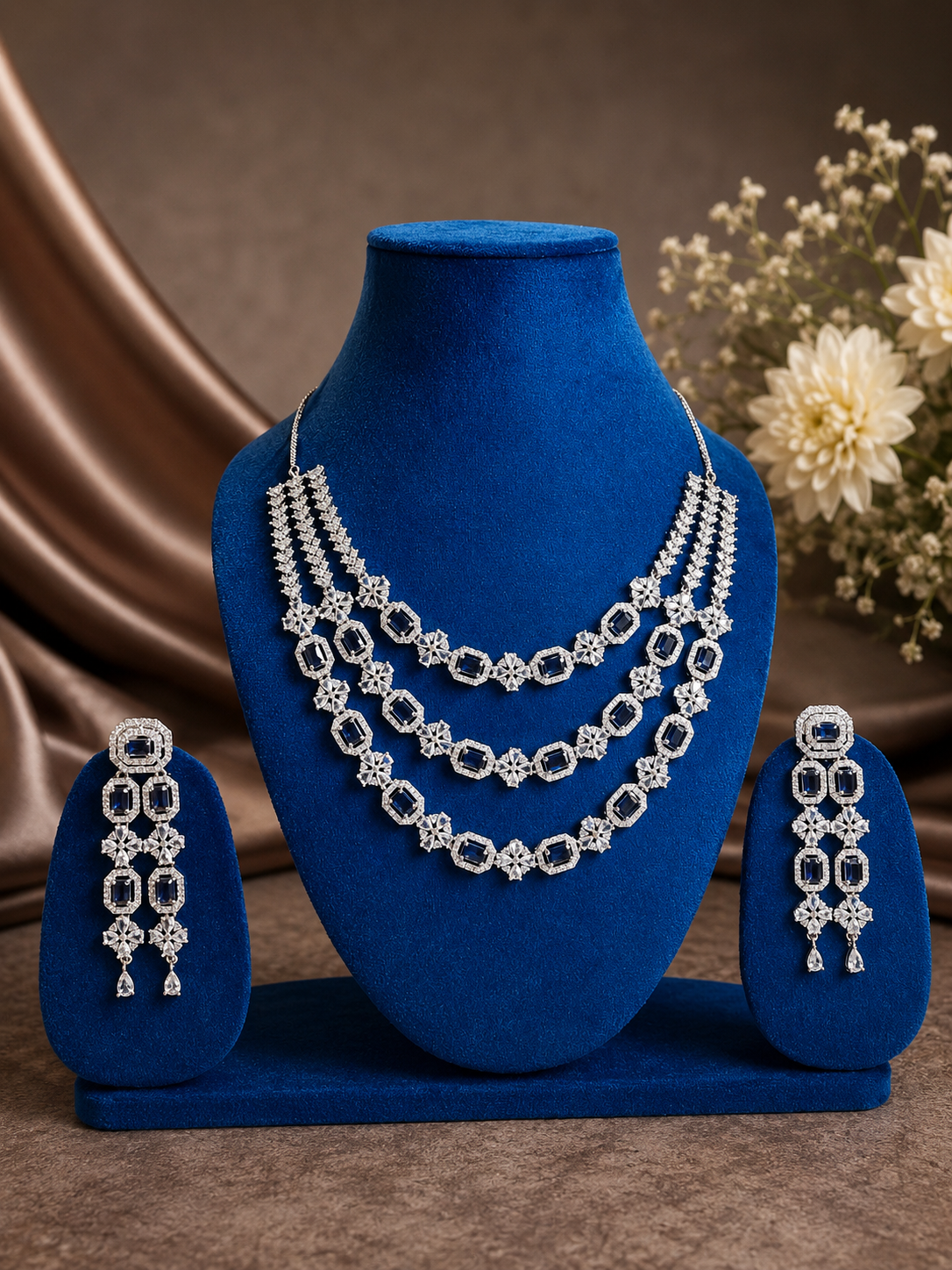 Rhodium-Plated Layered Blue American Diamond Necklace Set