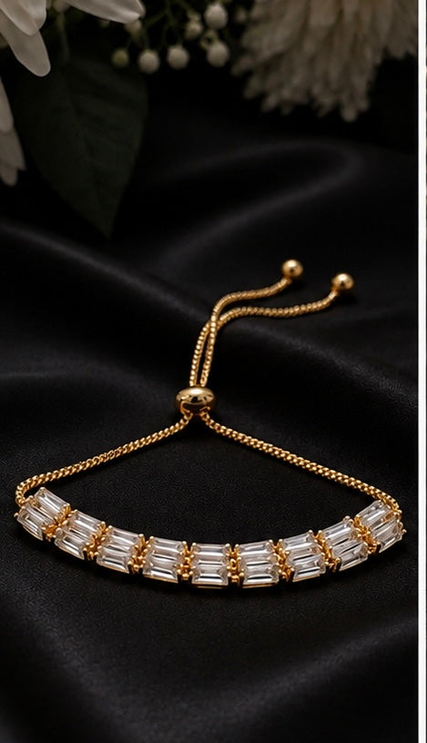 Elegant gold-plated clear baguette crystal drawstring bracelet