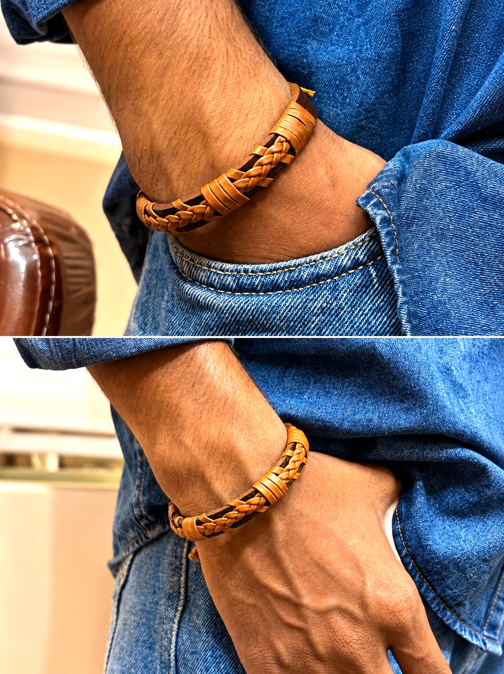 Braided leather wrap bracelet