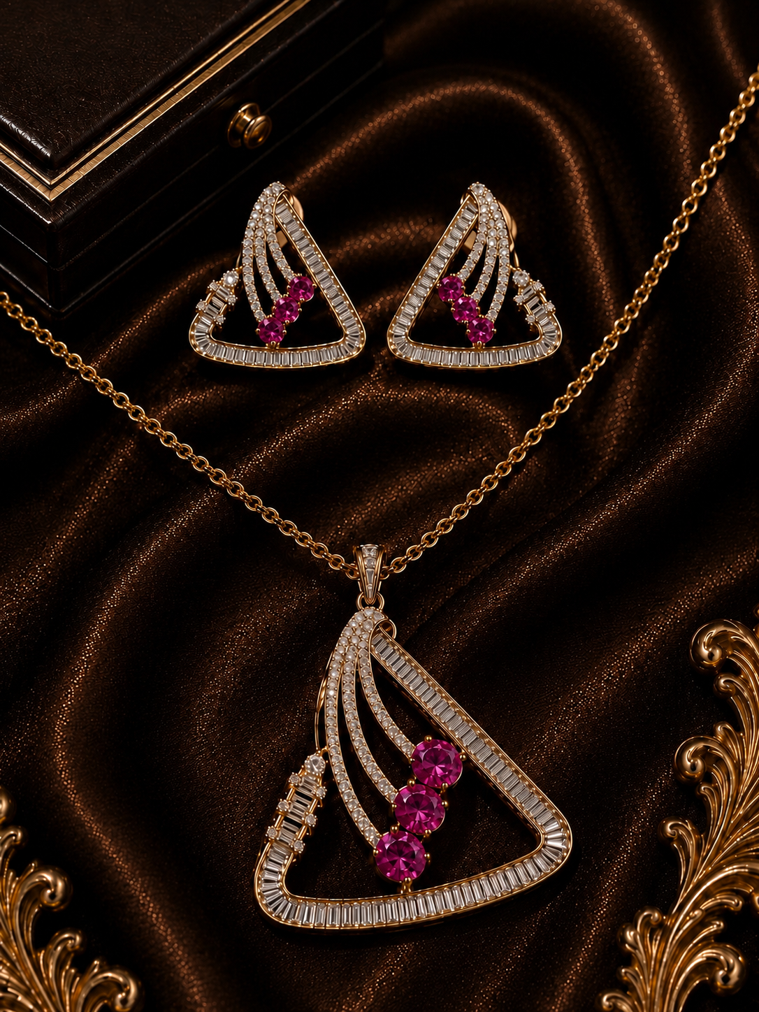 Gold-Plated Triangular  American Diamond Pendant Set