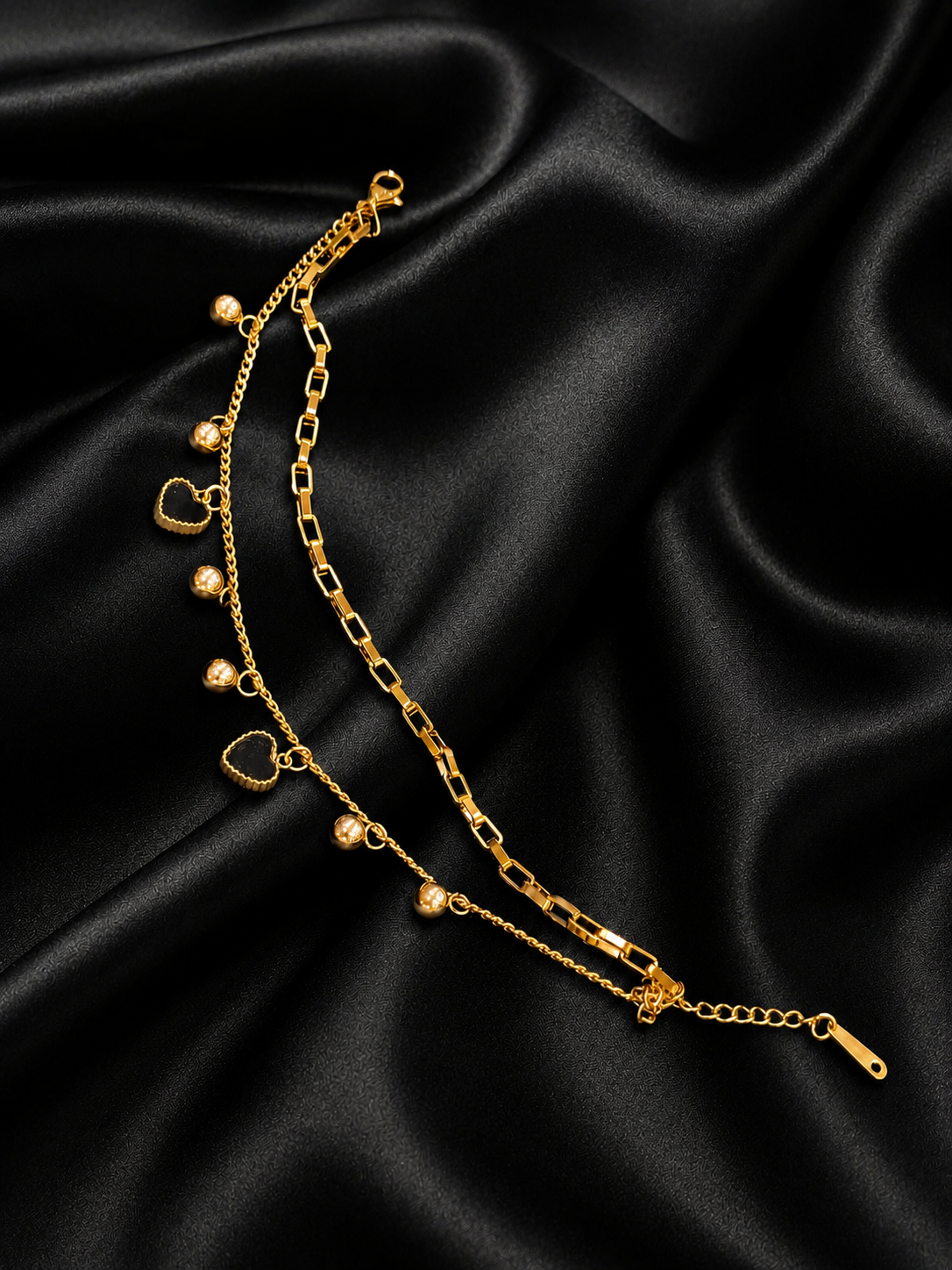 Reversable Heart Charms Gold Plated Layered Chain Bracelet