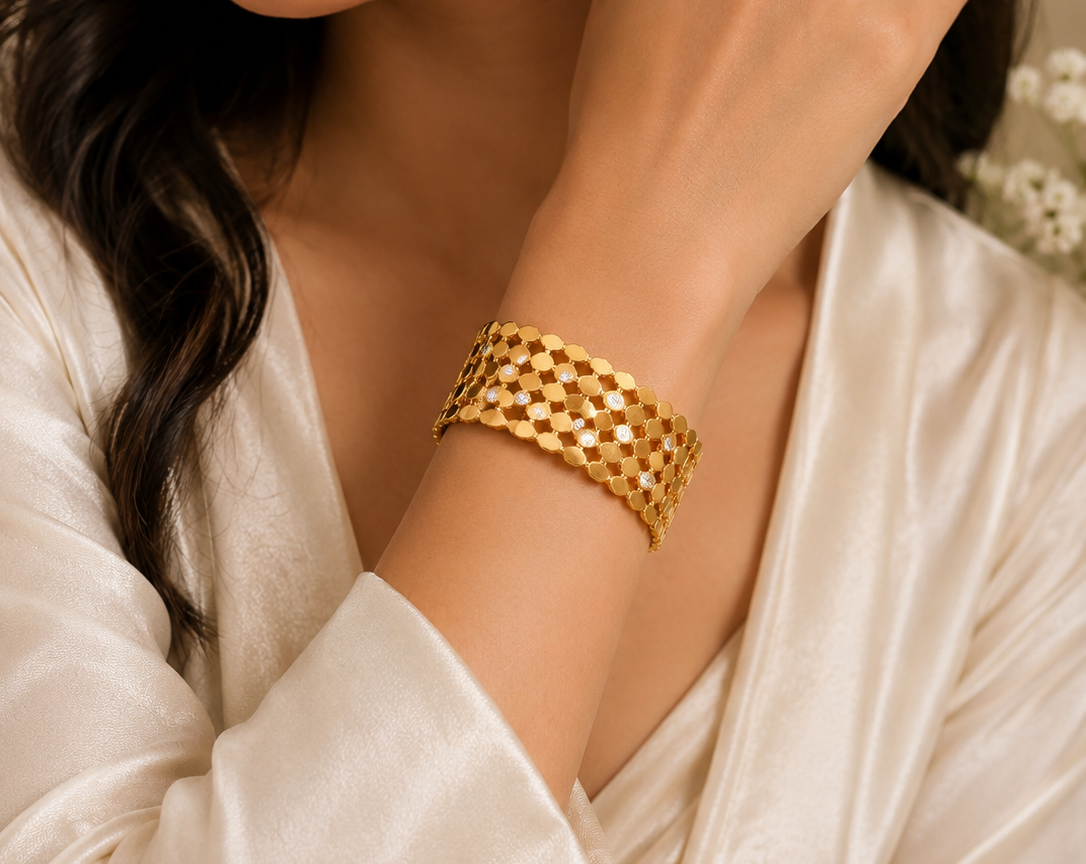 Golden mesh crystal cuff bracelet