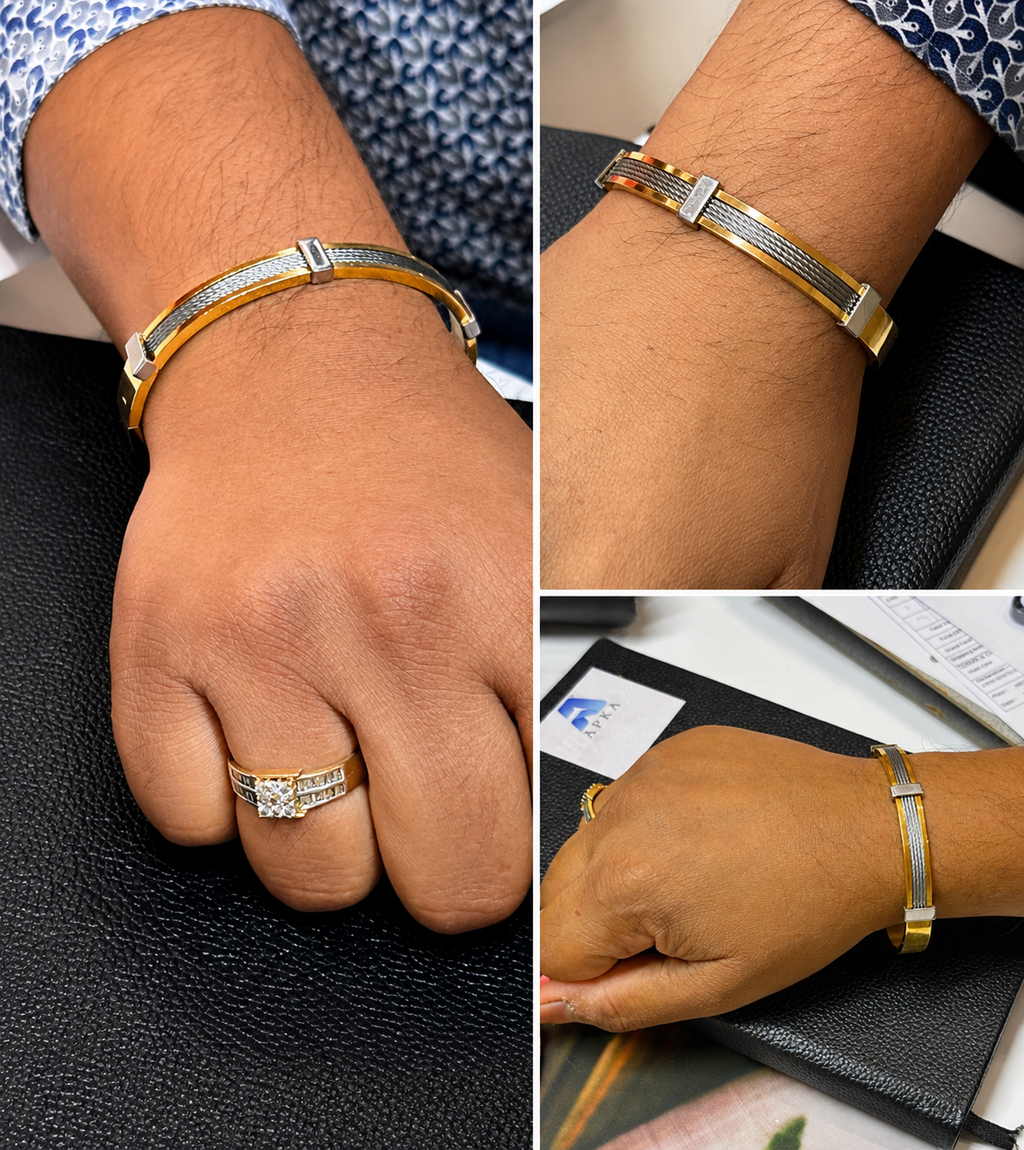 Modern two-tone dual-metal cuff men,s bracelet (kada)