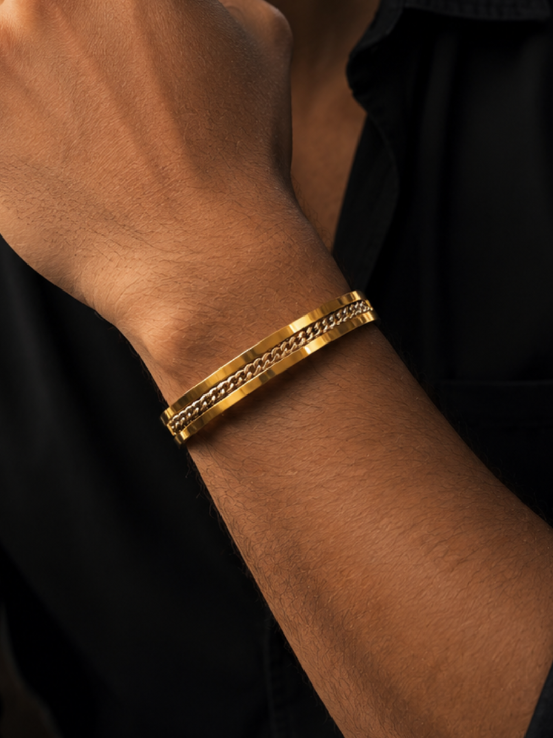 Luxurious yellow gold and tricolor curb chain men's bracelet