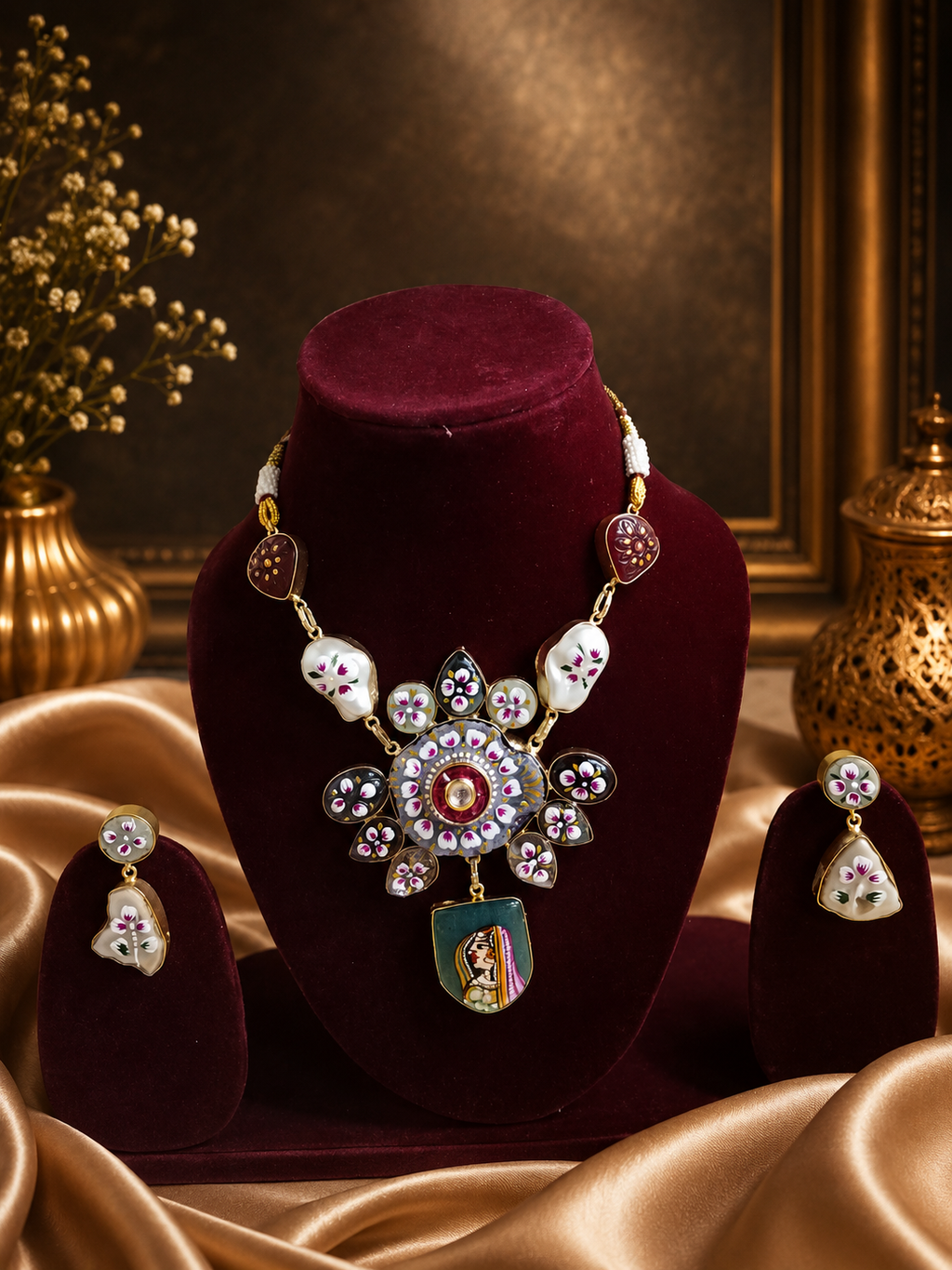 Artisanal Hand-Painted Heritage Portrait Pendant Set