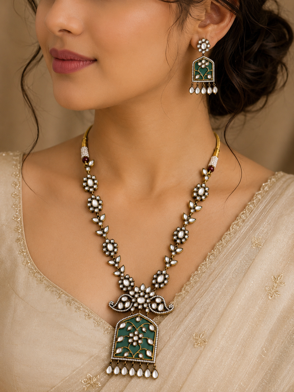 Antique gold-plated Kundan and pastel green jewelry set