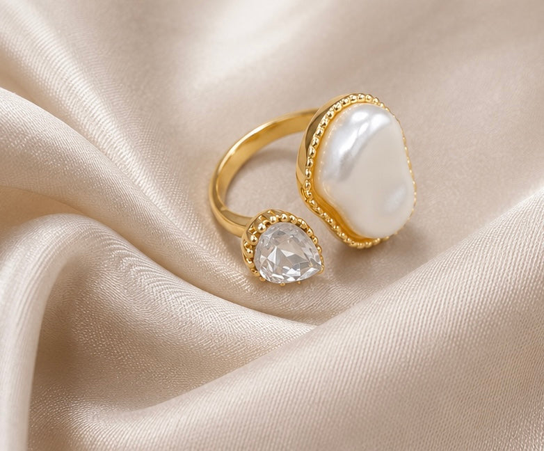Organic Baroque Pearl and Teardrop Crystal Bypass Ring