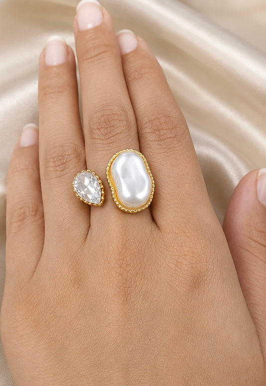 Organic Baroque Pearl and Teardrop Crystal Bypass Ring