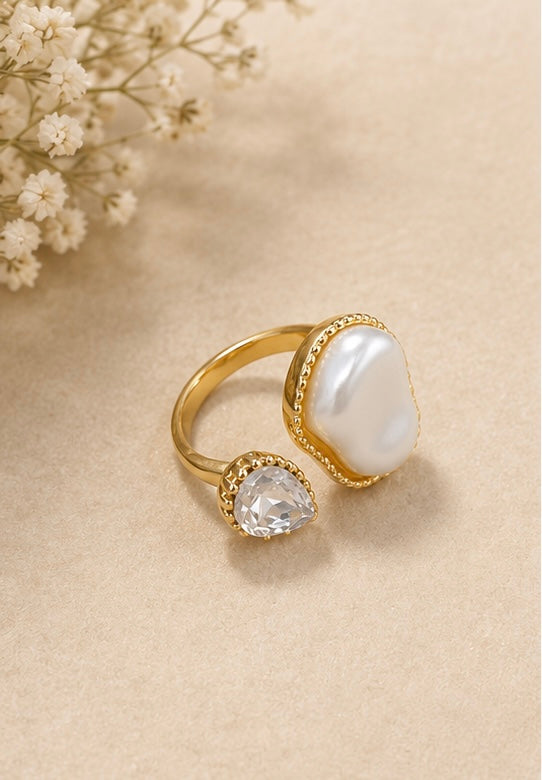 Organic Baroque Pearl and Teardrop Crystal Bypass Ring