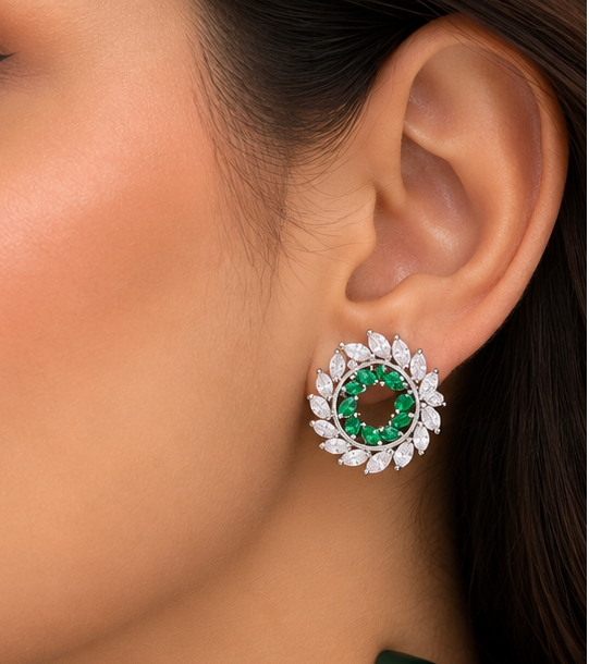Emerald green and clear marquise leaf spiral open-circle stud earrings