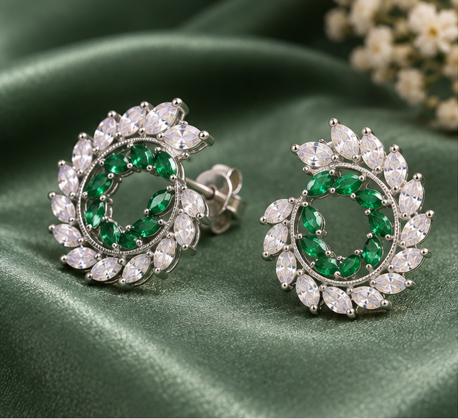 Emerald green and clear marquise leaf spiral open-circle stud earrings