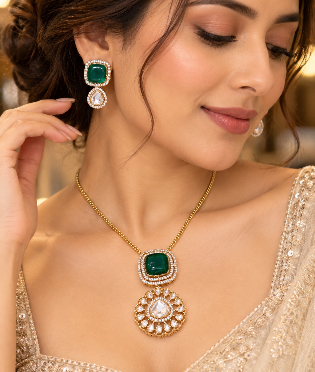 Imperial Emerald & Polki Kundan Statement Pendant Set