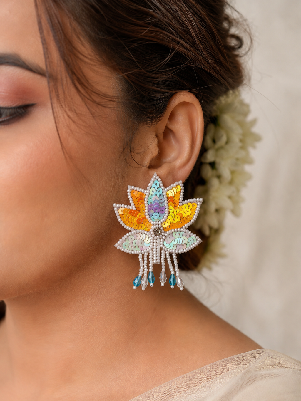 Handcrafted sequin lotus earrings