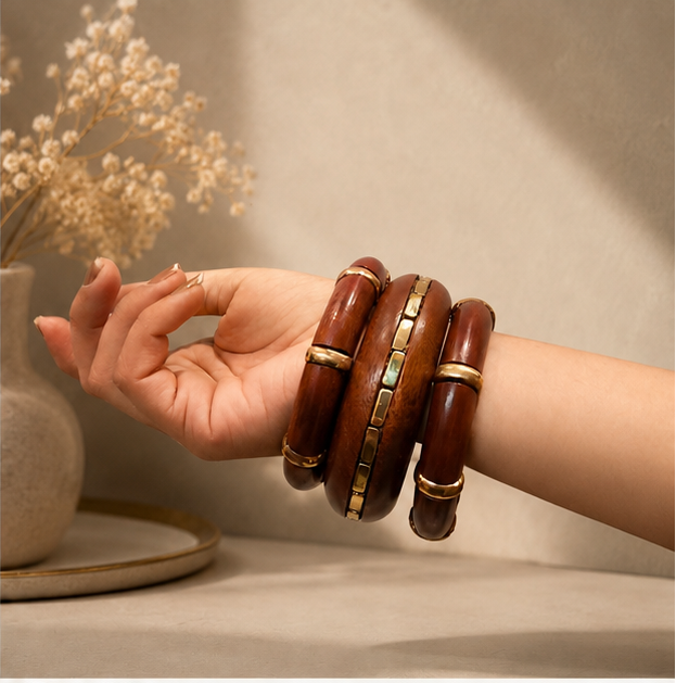Artisan-crafted set of three wooden bangles