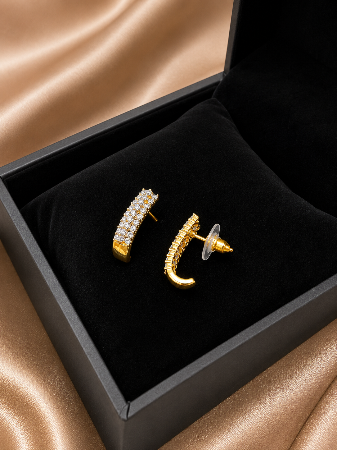 Gold-Tone Triple-Row Zircon Half-Hoop / Bali Earrings