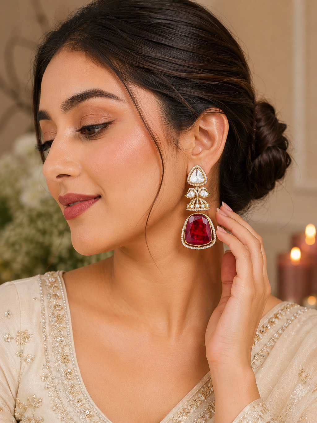 Traditional Gold-Plated Kundan and Ruby Drop Earrings