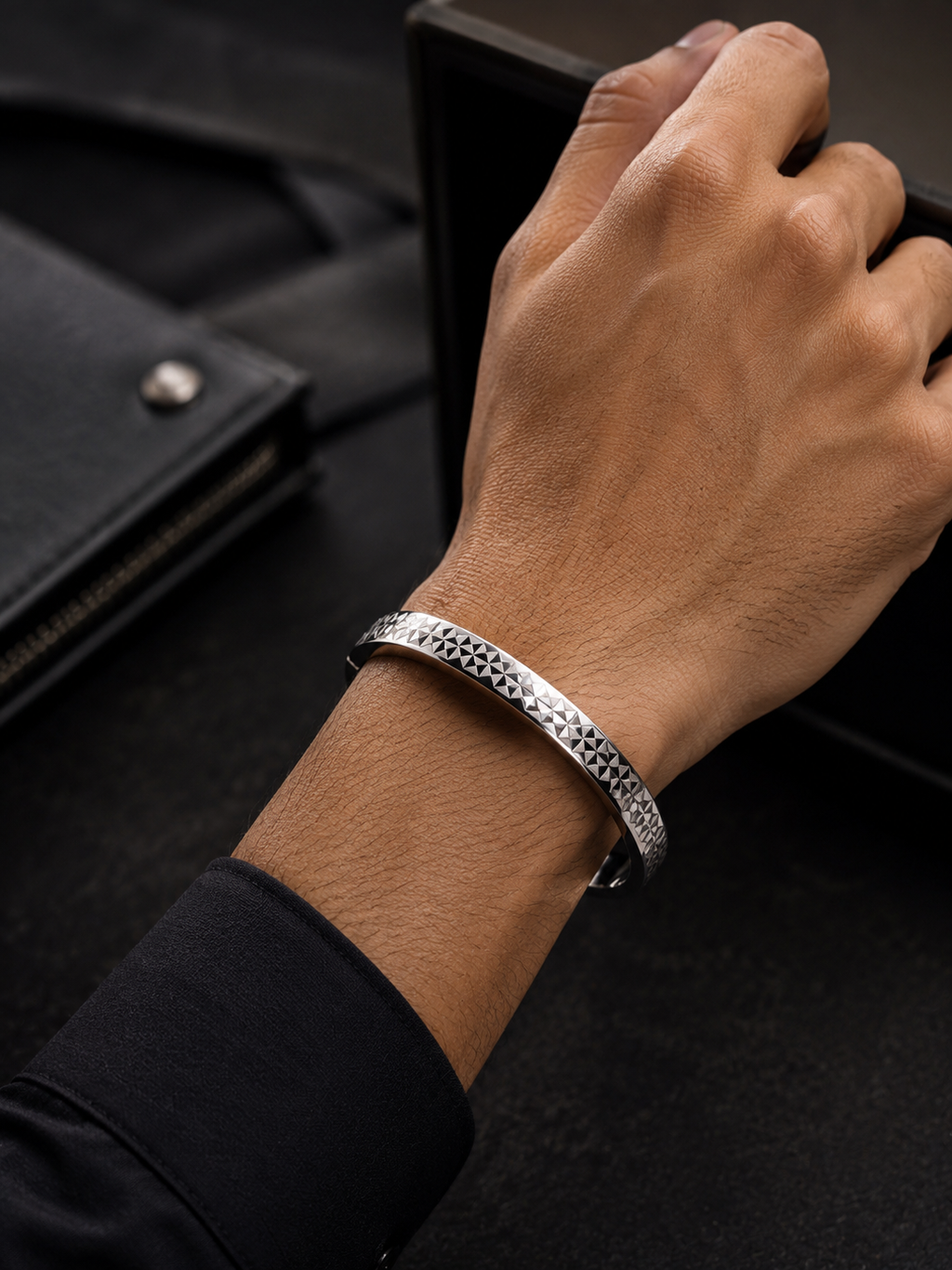 Contemporary silver/golden geometric checkerboard men's bracelet