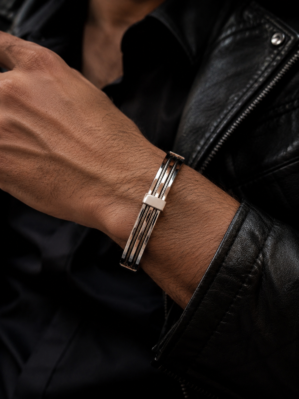 Industrial silver and steel cable men's bracelet