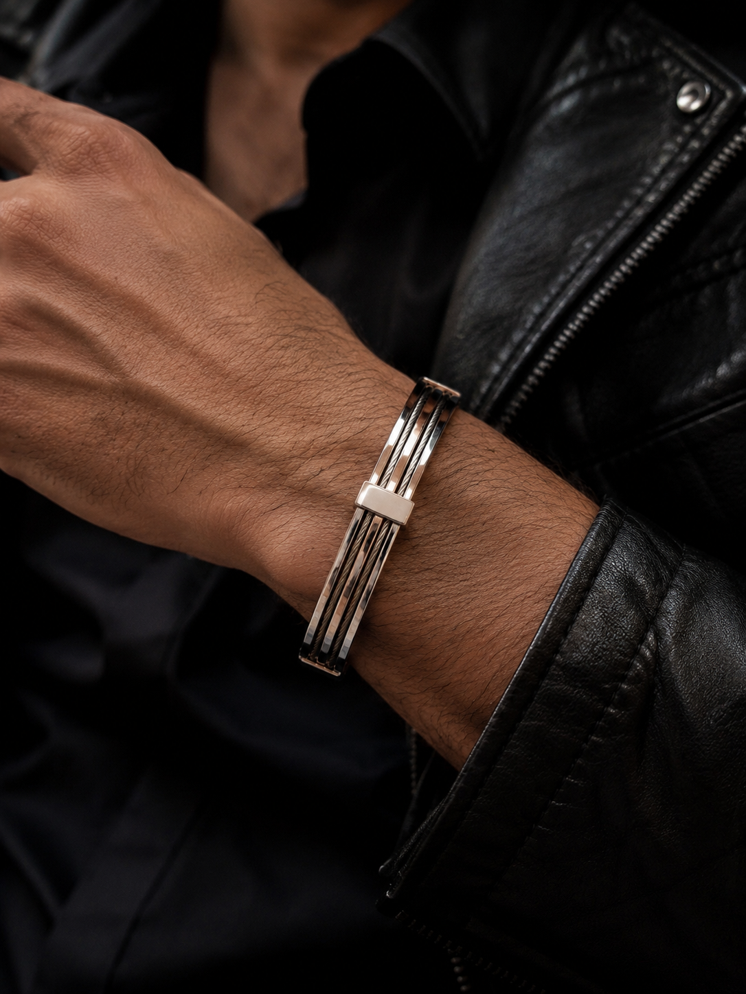 Industrial silver and steel cable men's bracelet