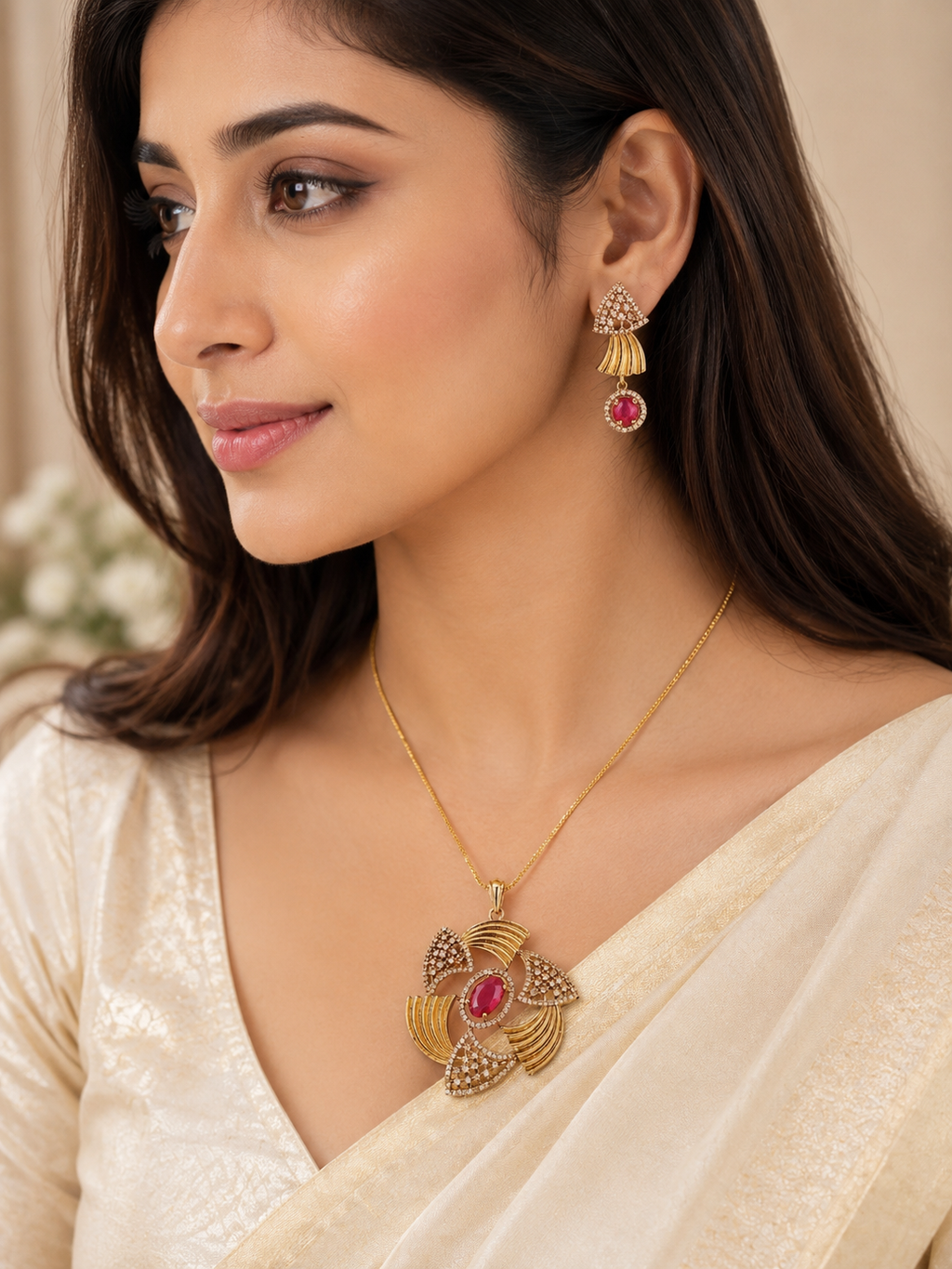 Dynamic Pinwheel Ruby & American Diamond Pendant Set