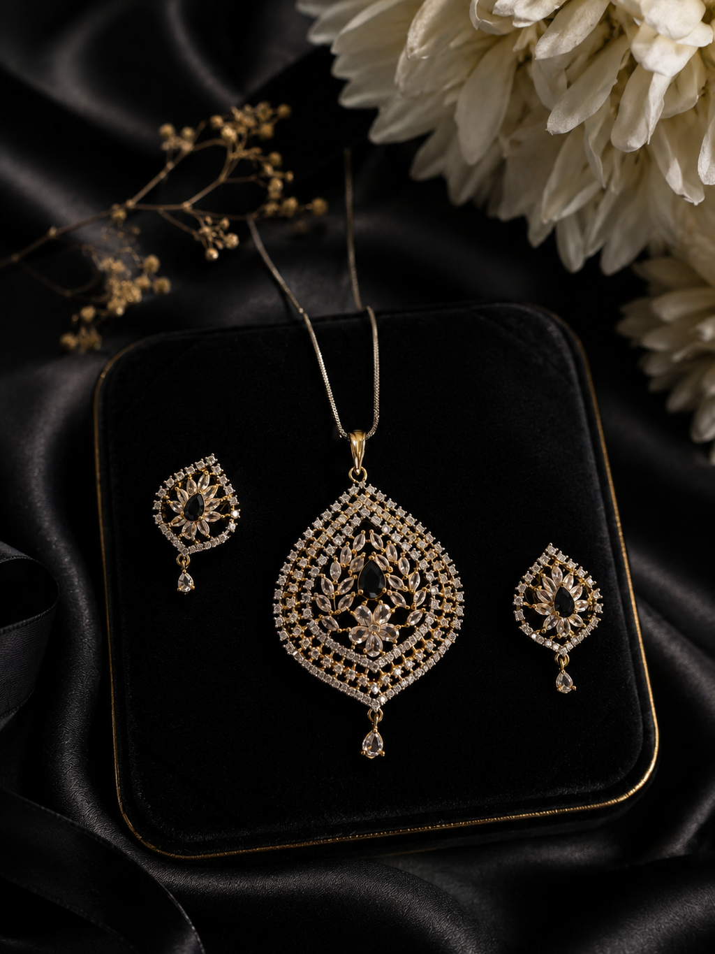 Exquisite American Diamond Floral Leaf Pendant Set