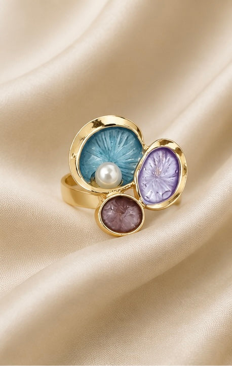French-vintage style gold enamel lotus pad and pearl cocktail ring