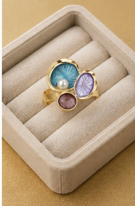 French-vintage style gold enamel lotus pad and pearl cocktail ring