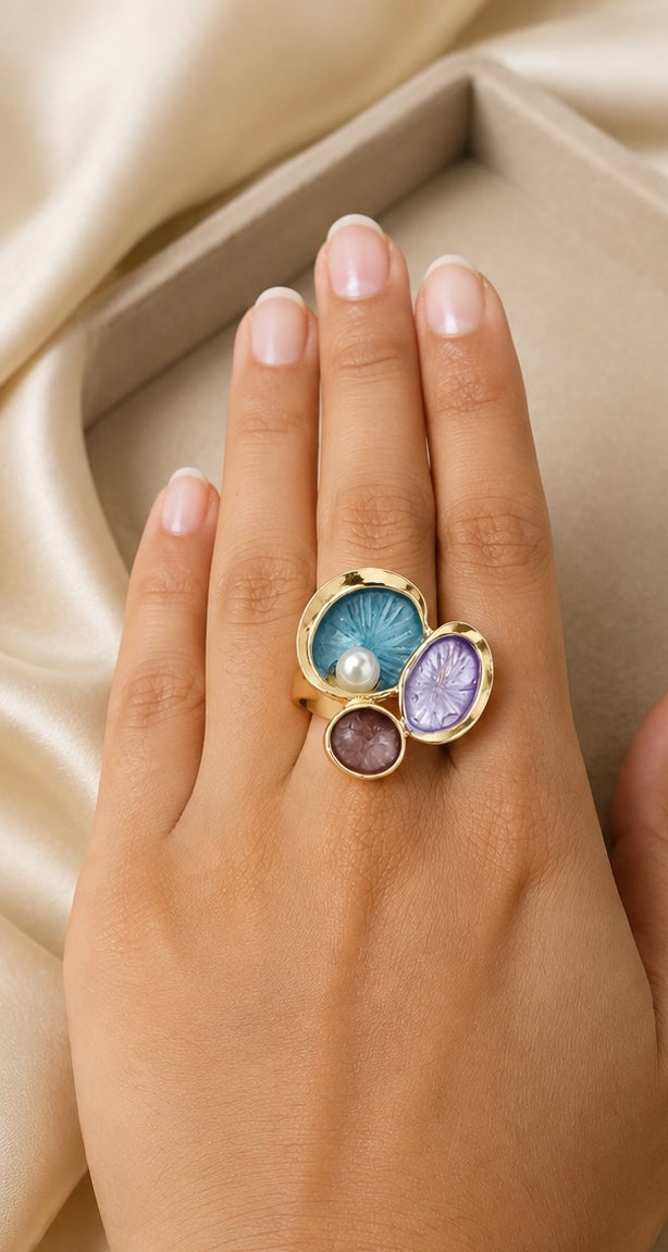 French-vintage style gold enamel lotus pad and pearl cocktail ring