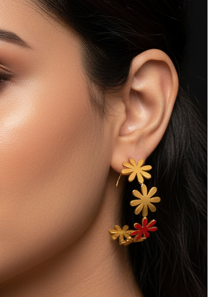Brass gold-plated floral hoop earrings
