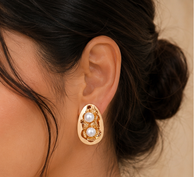 Women's vintage gold oval double pearl floral stud earrings
