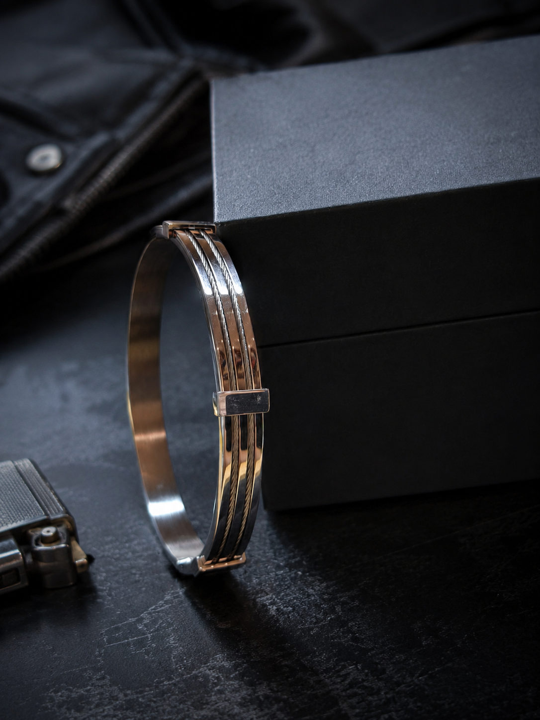 Industrial silver and steel cable men's bracelet