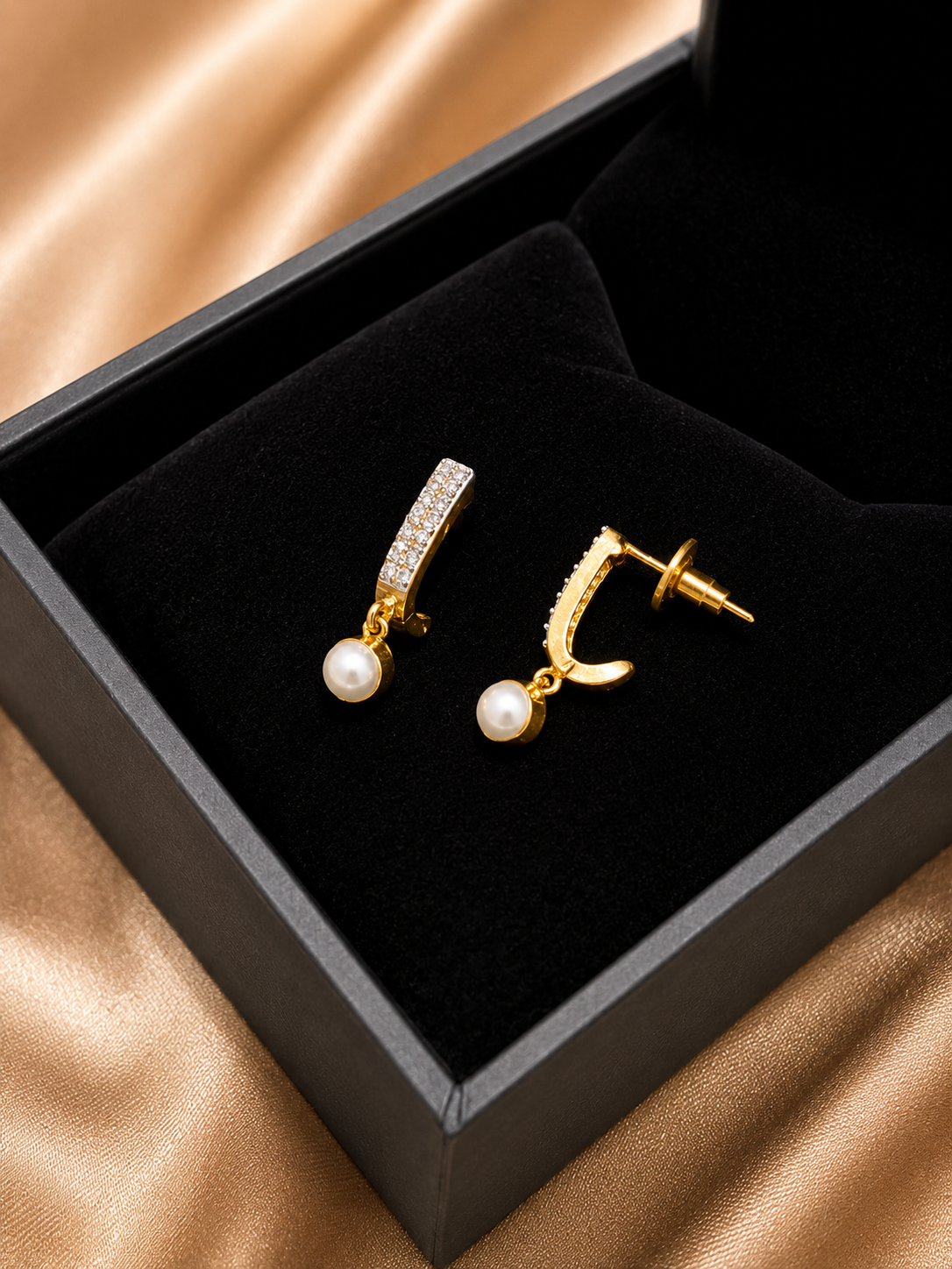 Gold-Tone Zircon Half-Hoop Earrings with Pearl Drops