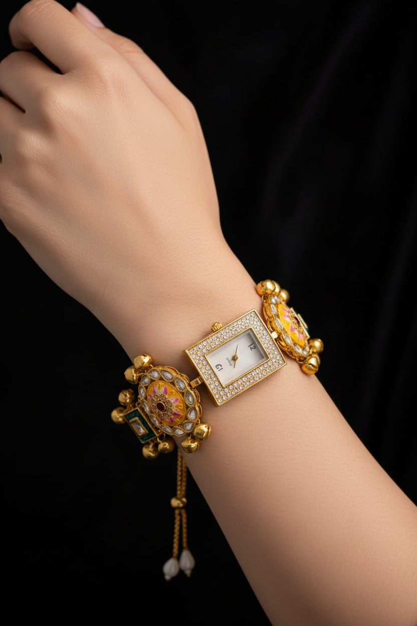 Square Dial Studded Kundan Bracelet Watch