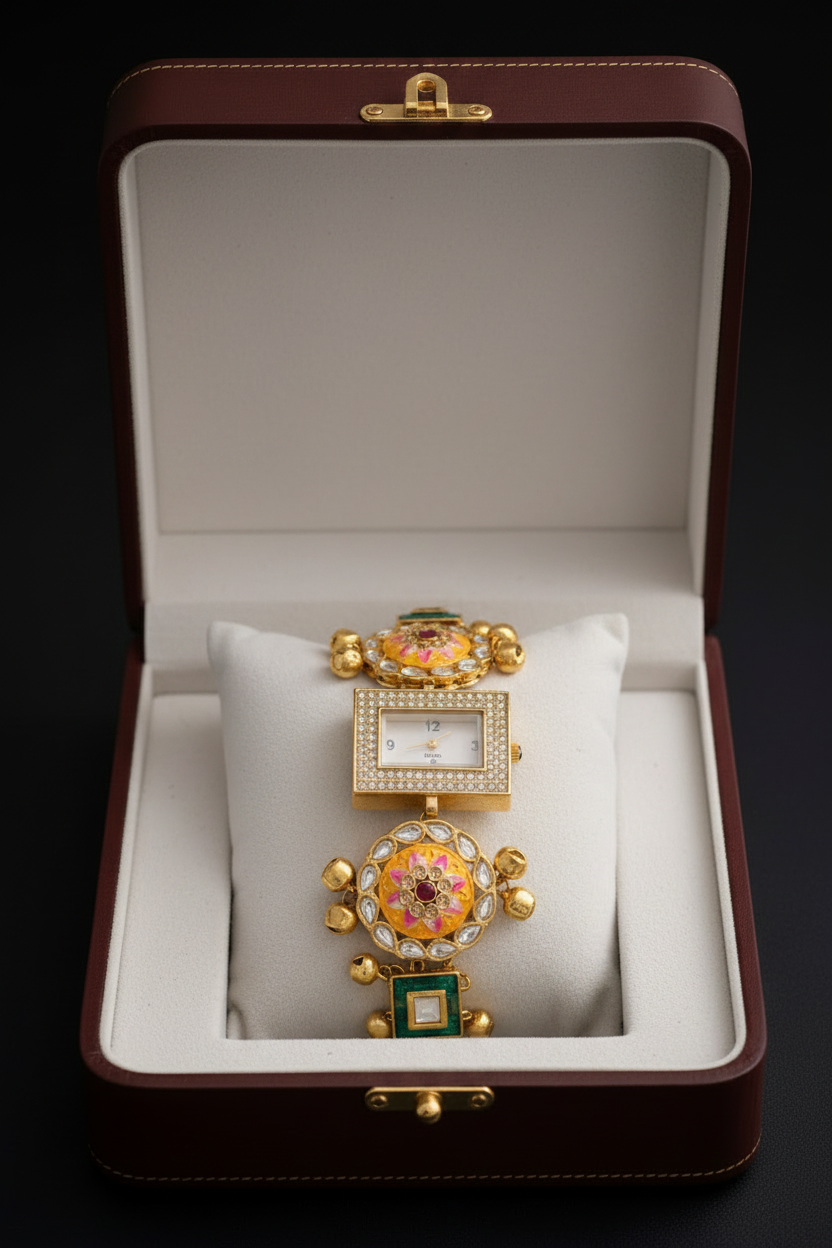 Square Dial Studded Kundan Bracelet Watch
