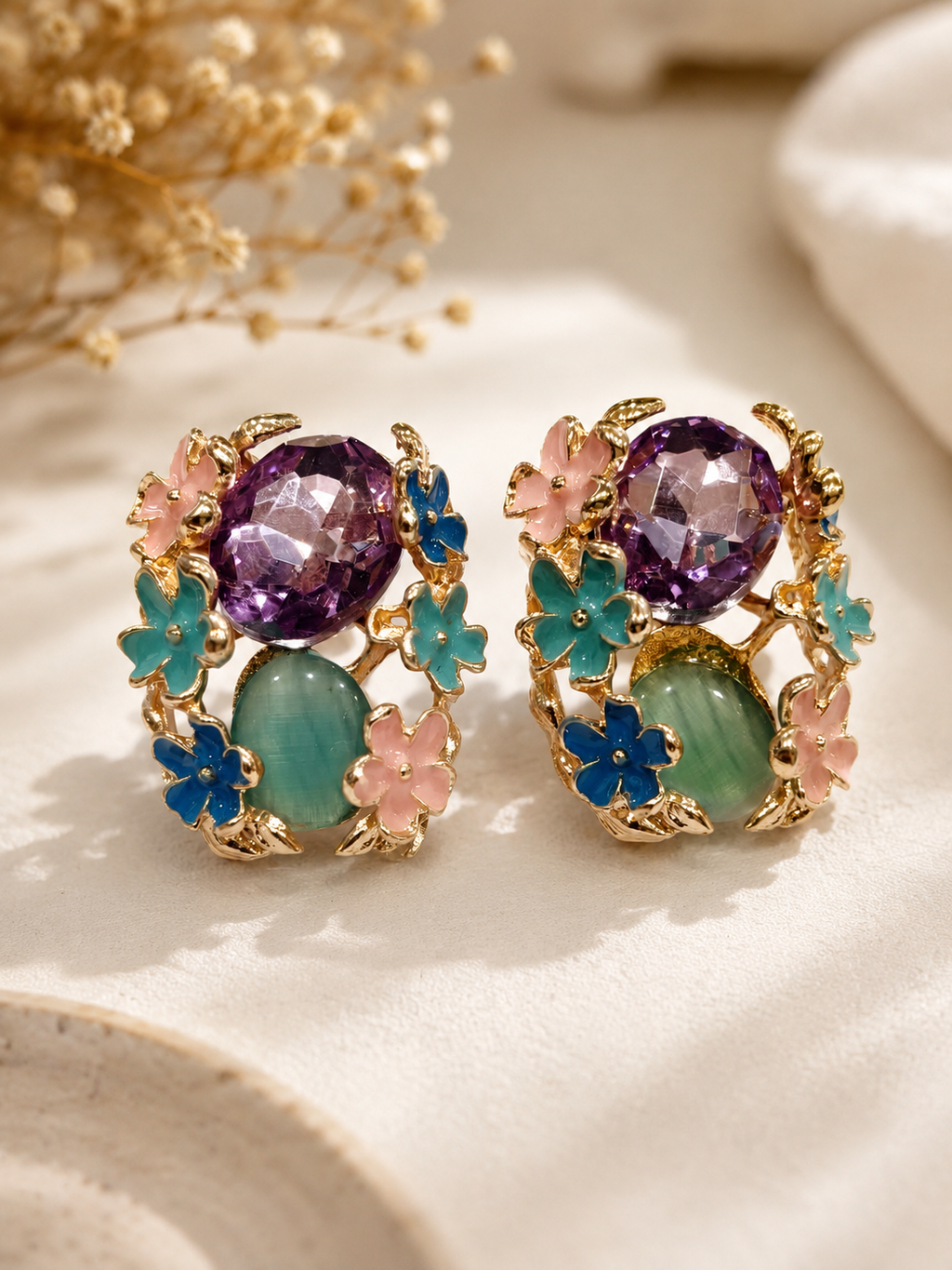 Purple and teal enamel floral cluster stud earrings