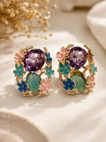Purple and teal enamel floral cluster stud earrings