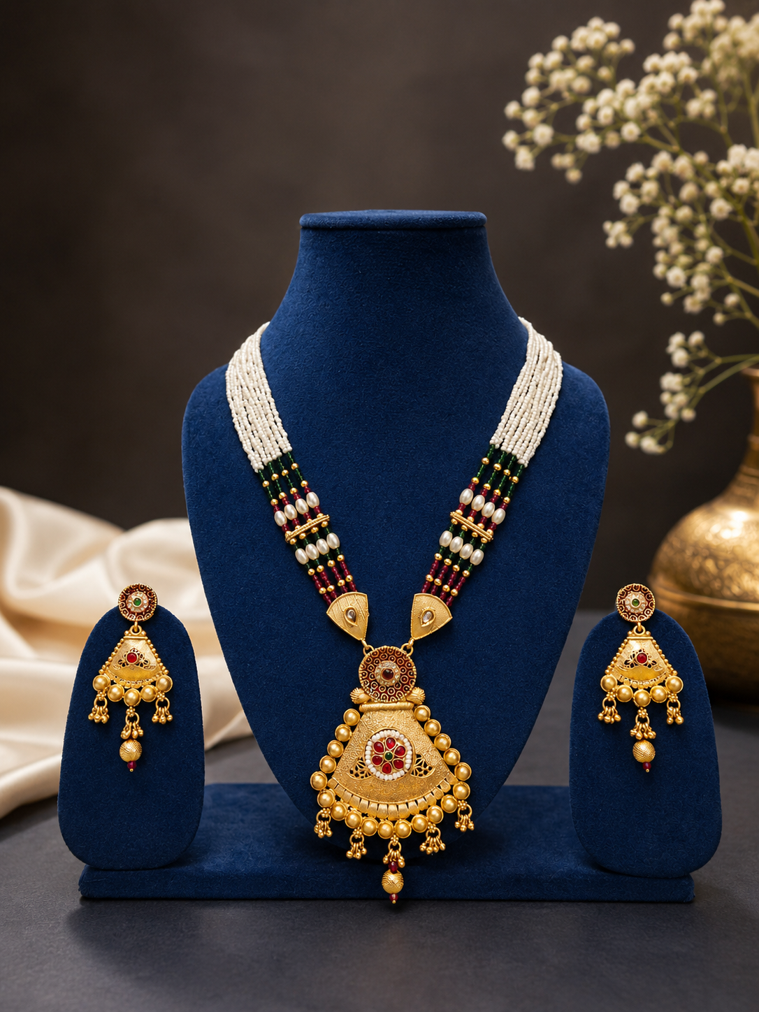 Traditional gold-plated pearl and enamel long necklace set