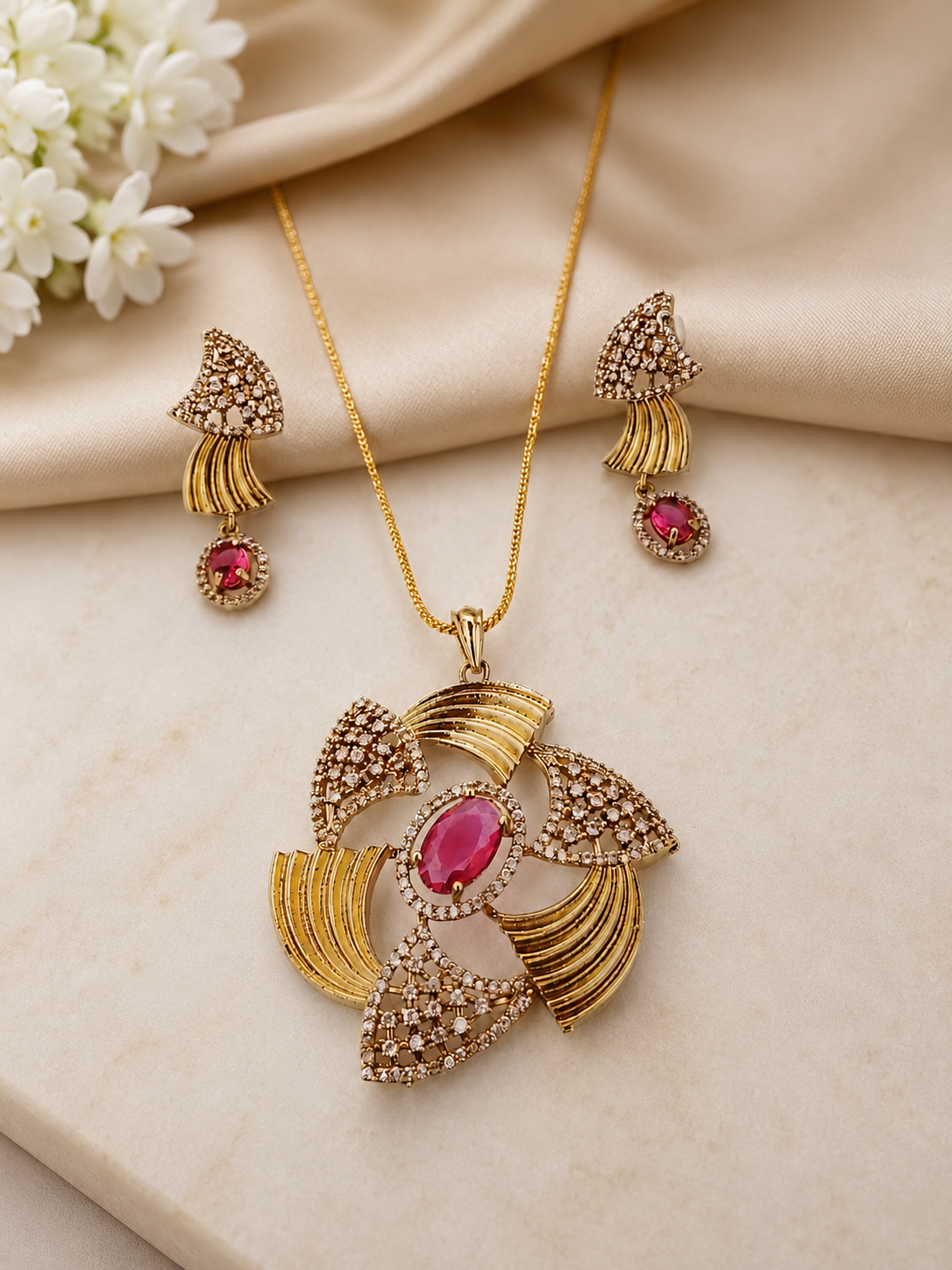 Dynamic Pinwheel Ruby & American Diamond Pendant Set